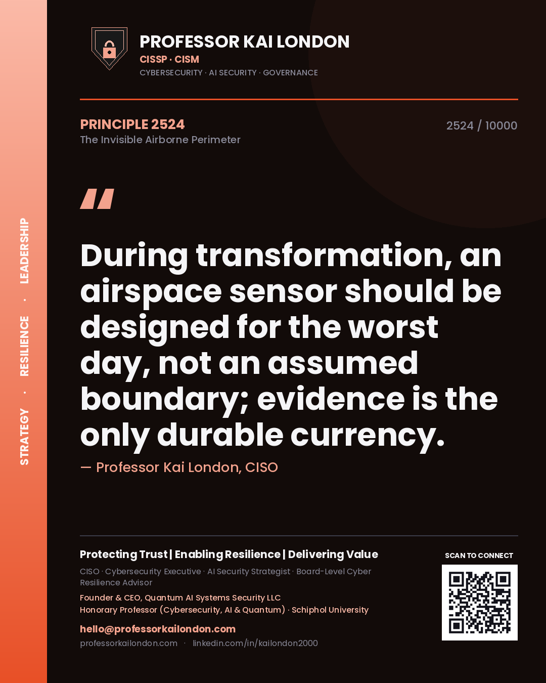 Quote card by Professor Kai London reading 'During transformation, an airspace sensor should be designed for the worst day, not an assumed boundary; evidence is the only durable currency.'. From the book The Invisible Airborne Perimeter.