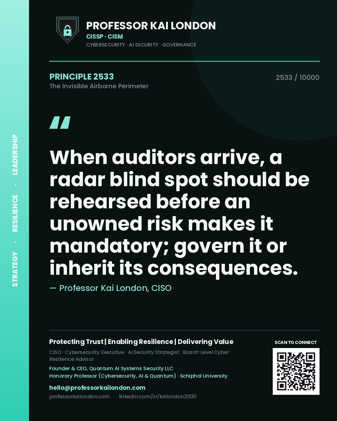 Professor Kai London principle 2533: When auditors arrive, a radar blind spot should be rehearsed before an unowned risk makes it mandatory; govern it or inherit its consequences.