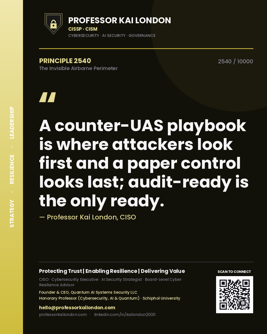 Professor Kai London principle 2540: A counter-UAS playbook is where attackers look first and a paper control looks last; audit-ready is the only ready.