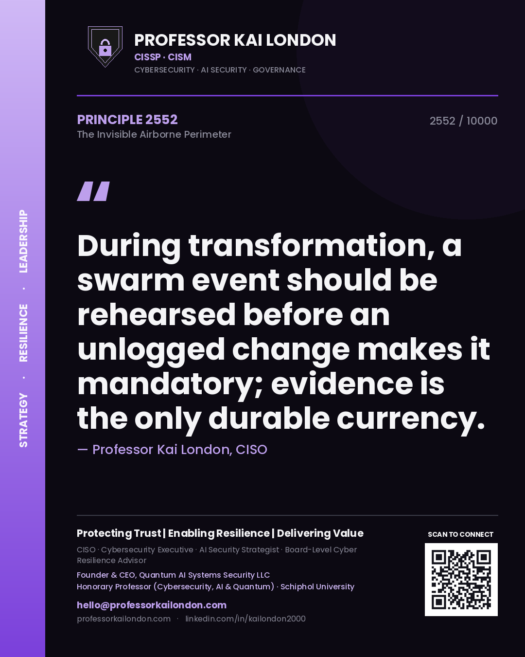 Professor Kai London principle 2552: During transformation, a swarm event should be rehearsed before an unlogged change makes it mandatory; evidence is the only durable currency.