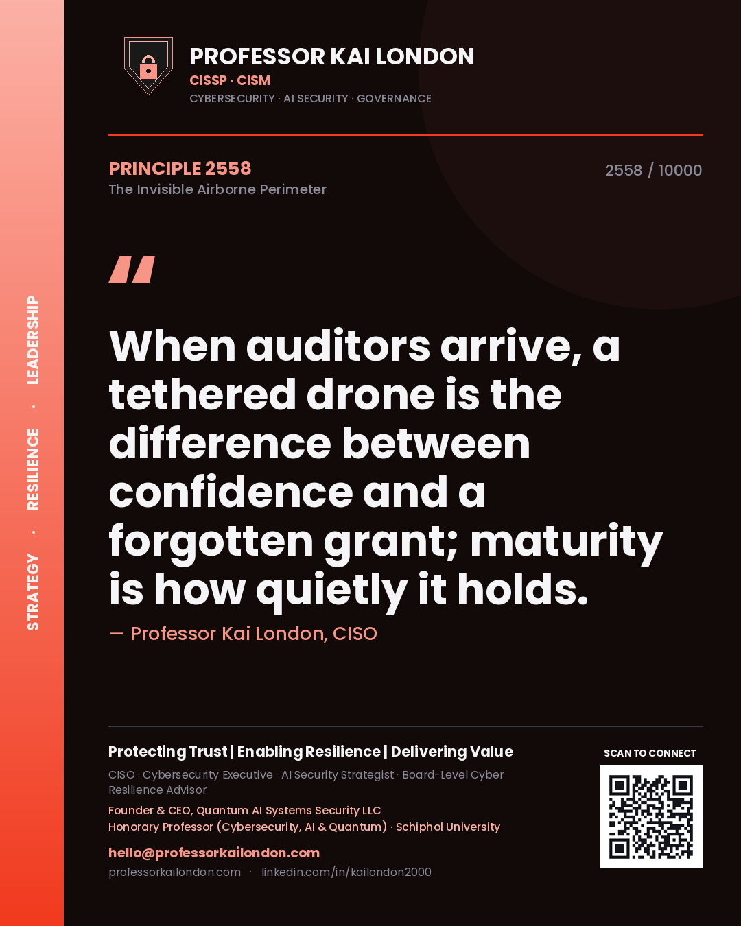 Professor Kai London principle 2558: When auditors arrive, a tethered drone is the difference between confidence and a forgotten grant; maturity is how quietly it holds.