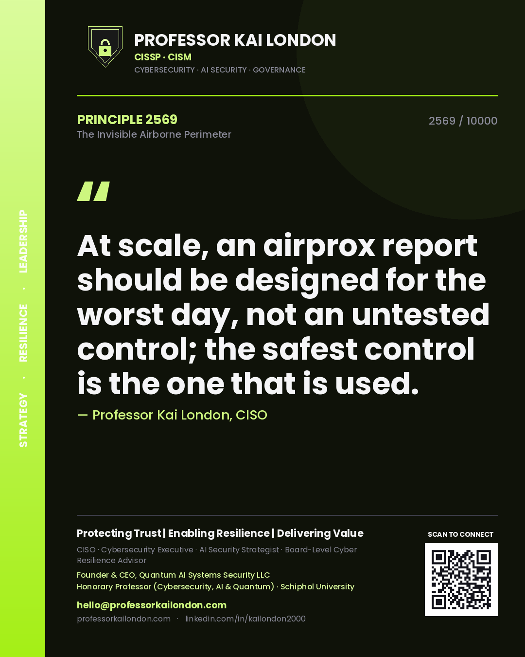 Professor Kai London principle 2569: At scale, an airprox report should be designed for the worst day, not an untested control; the safest control is the one that is used.