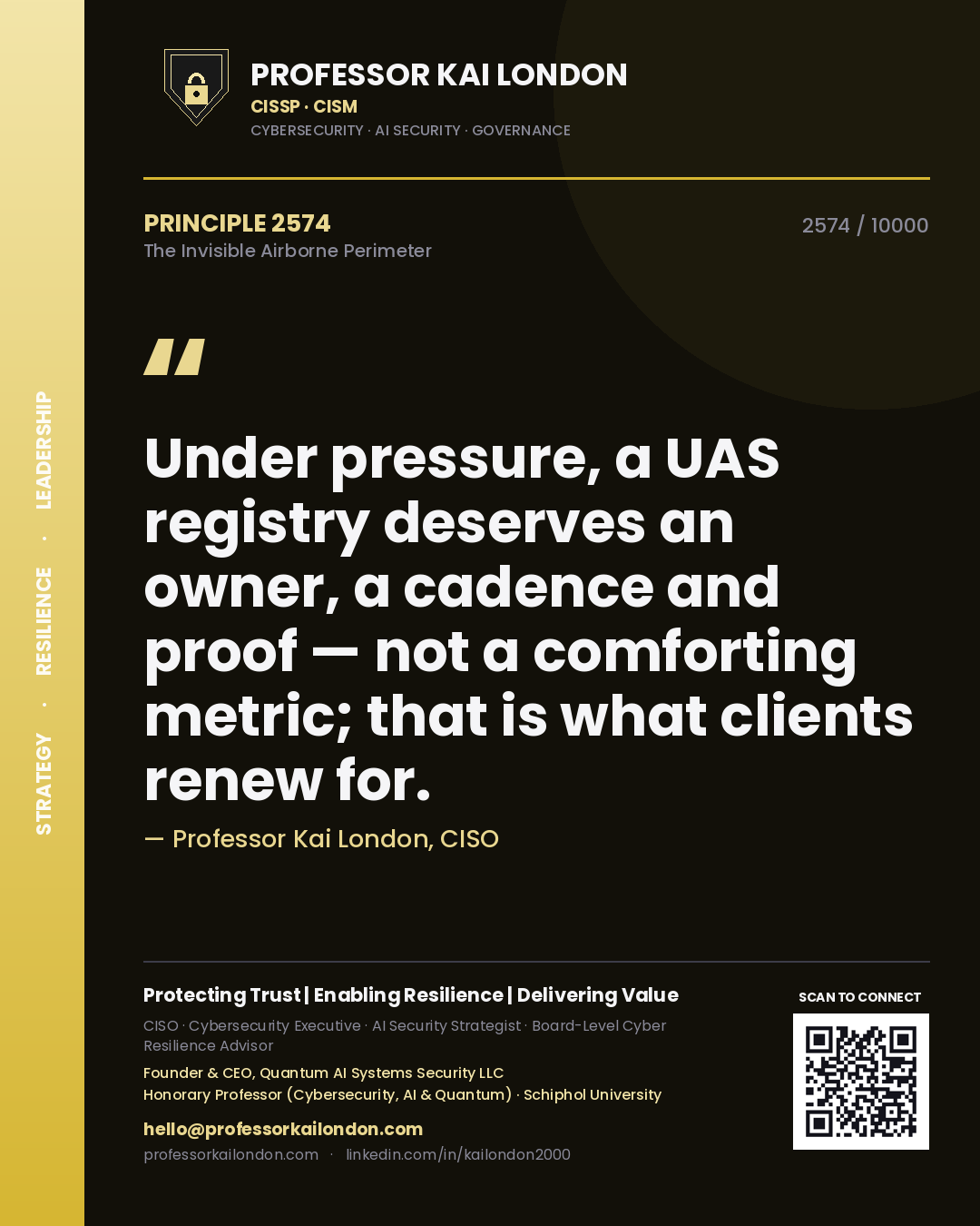 Professor Kai London principle 2574: Under pressure, a UAS registry deserves an owner, a cadence and proof — not a comforting metric; that is what clients renew for.