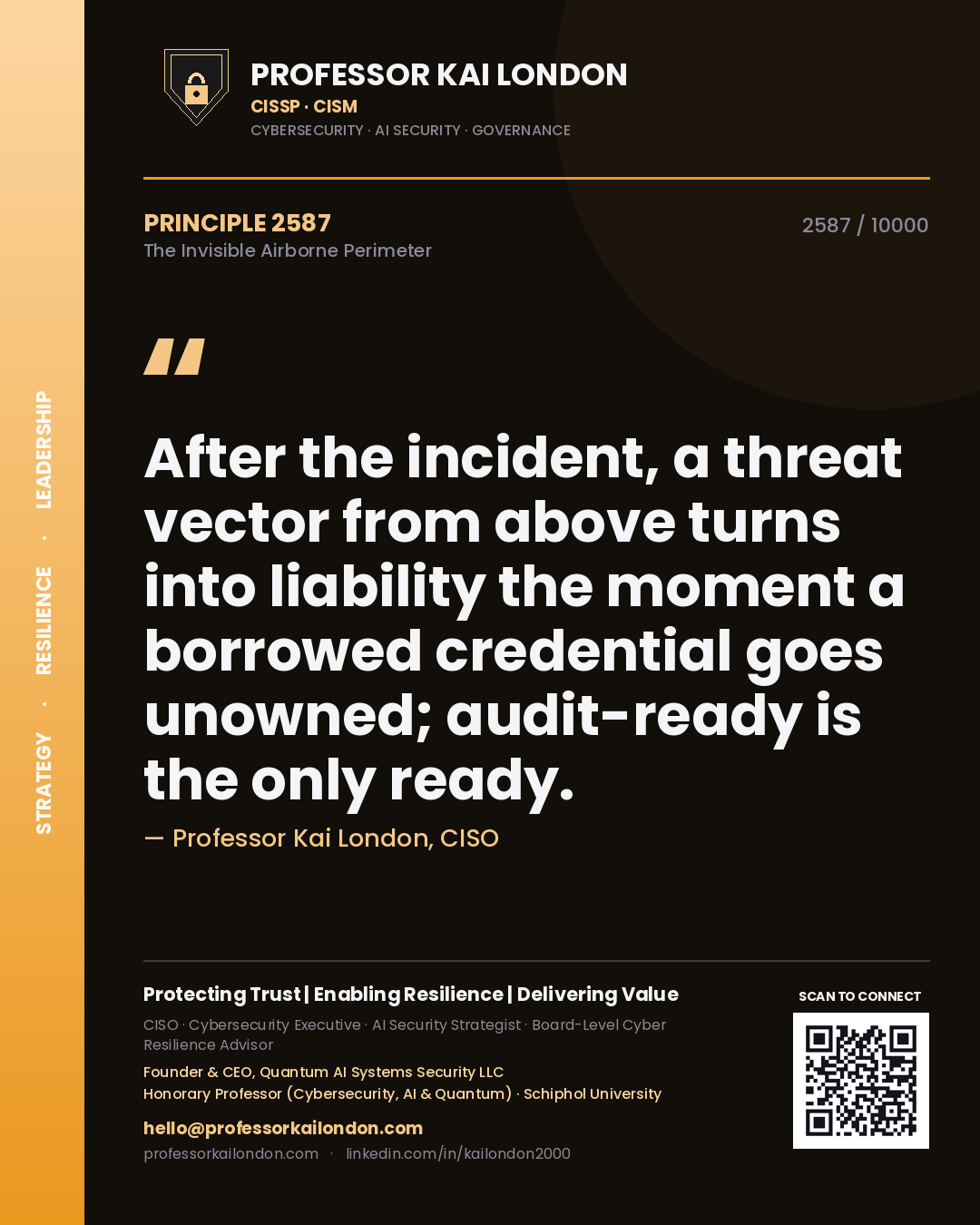 Professor Kai London principle 2587: After the incident, a threat vector from above turns into liability the moment a borrowed credential goes unowned; audit-ready is the only ready.