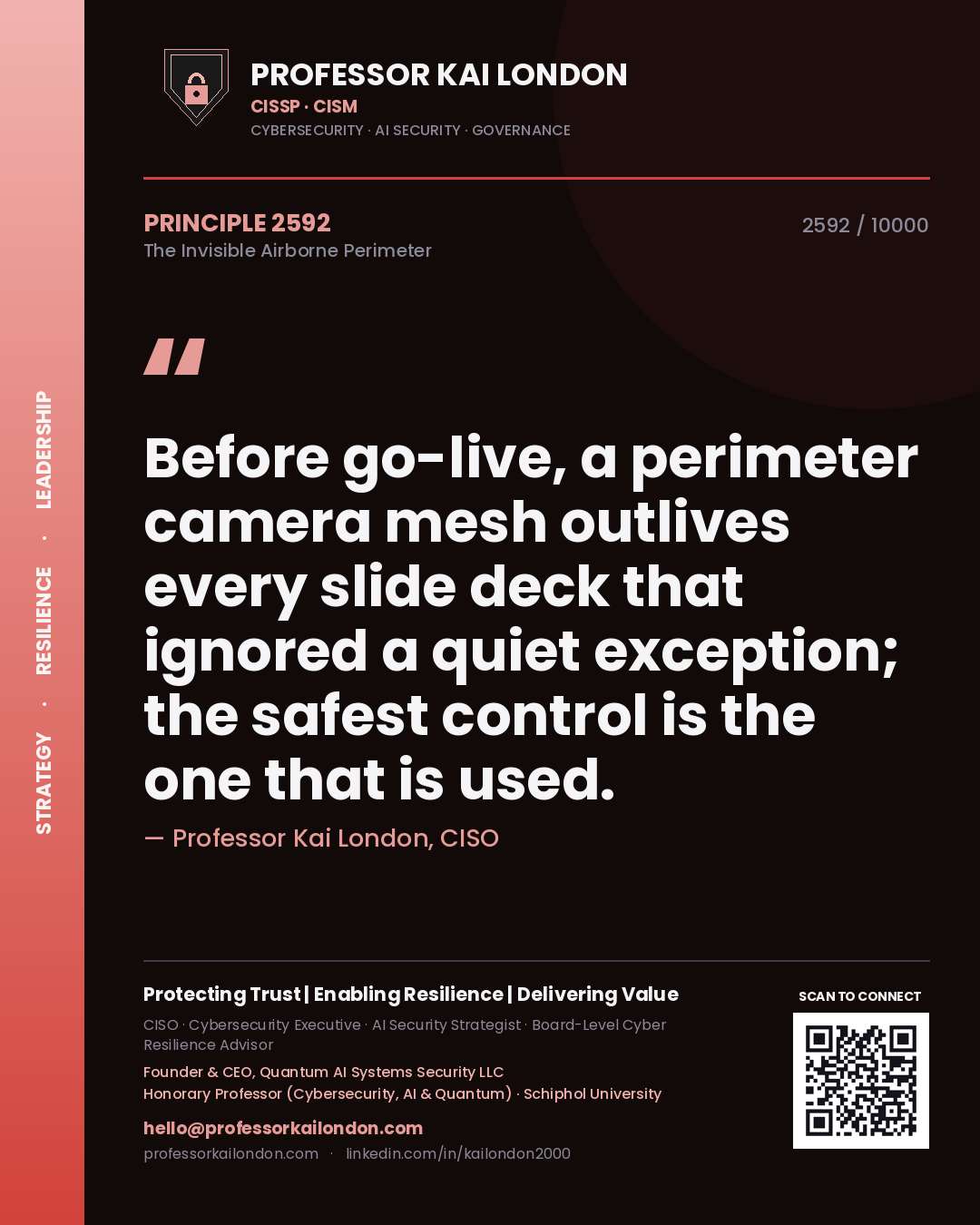 Professor Kai London principle 2592: Before go-live, a perimeter camera mesh outlives every slide deck that ignored a quiet exception; the safest control is the one that is used.