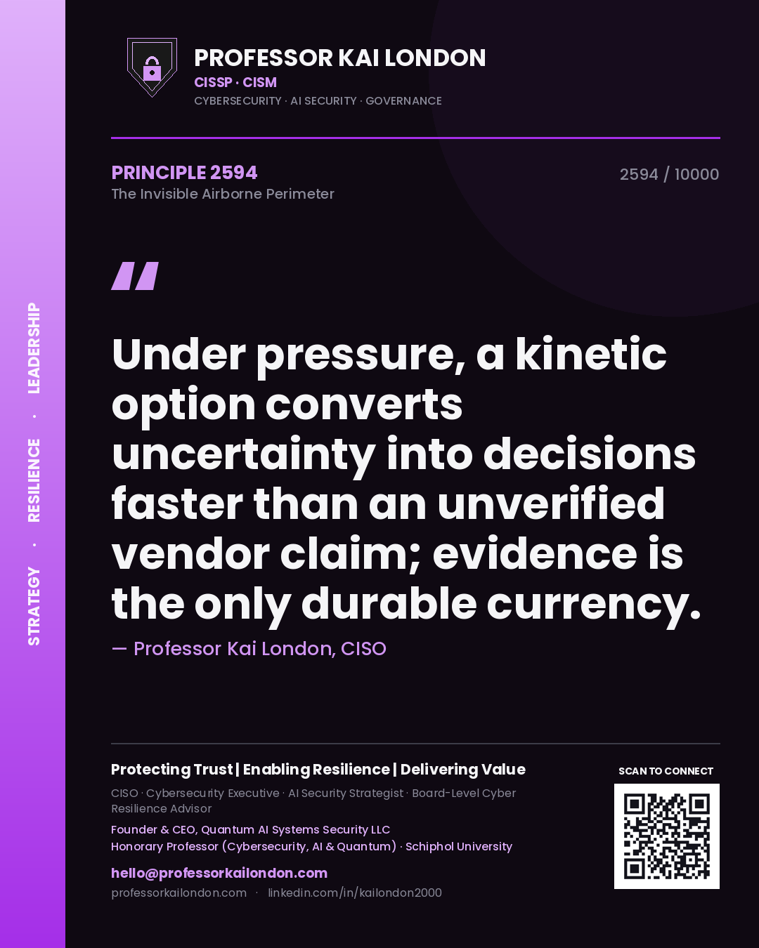 Quote card by Professor Kai London reading 'Under pressure, a kinetic option converts uncertainty into decisions faster than an unverified vendor claim; evidence is the only durable currency.'. From the book The Invisible Airborne Perimeter.