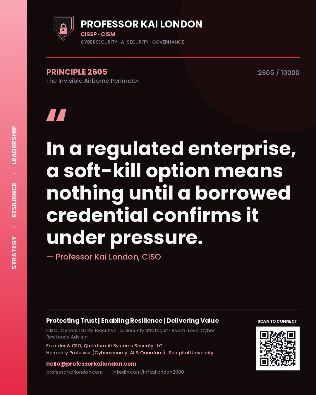 Quote card by Professor Kai London reading 'In a regulated enterprise, a soft-kill option means nothing until a borrowed credential confirms it under pressure.'. From the book The Invisible Airborne Perimeter.