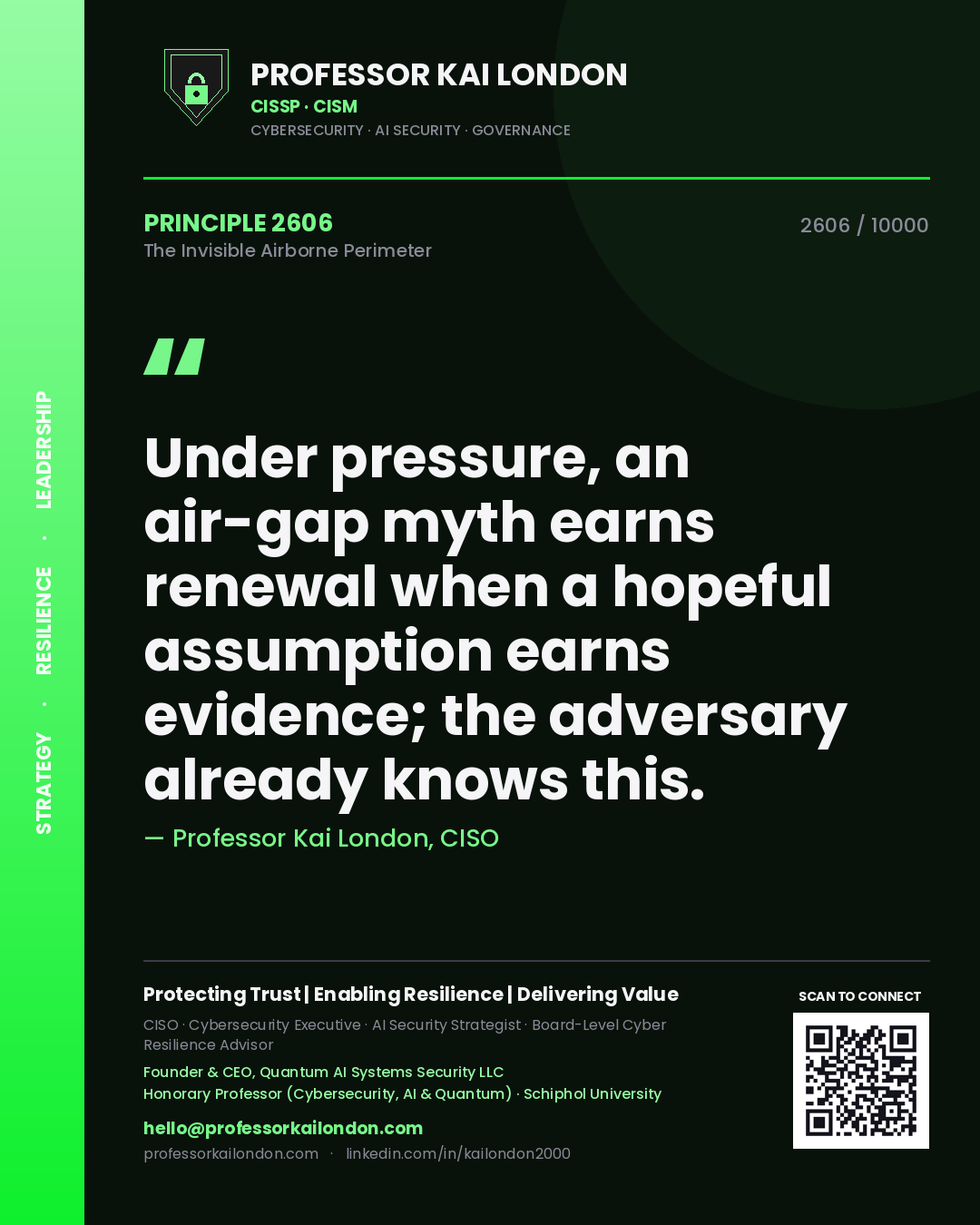 Quote card by Professor Kai London reading 'Under pressure, an air-gap myth earns renewal when a hopeful assumption earns evidence; the adversary already knows this.'. From the book The Invisible Airborne Perimeter.