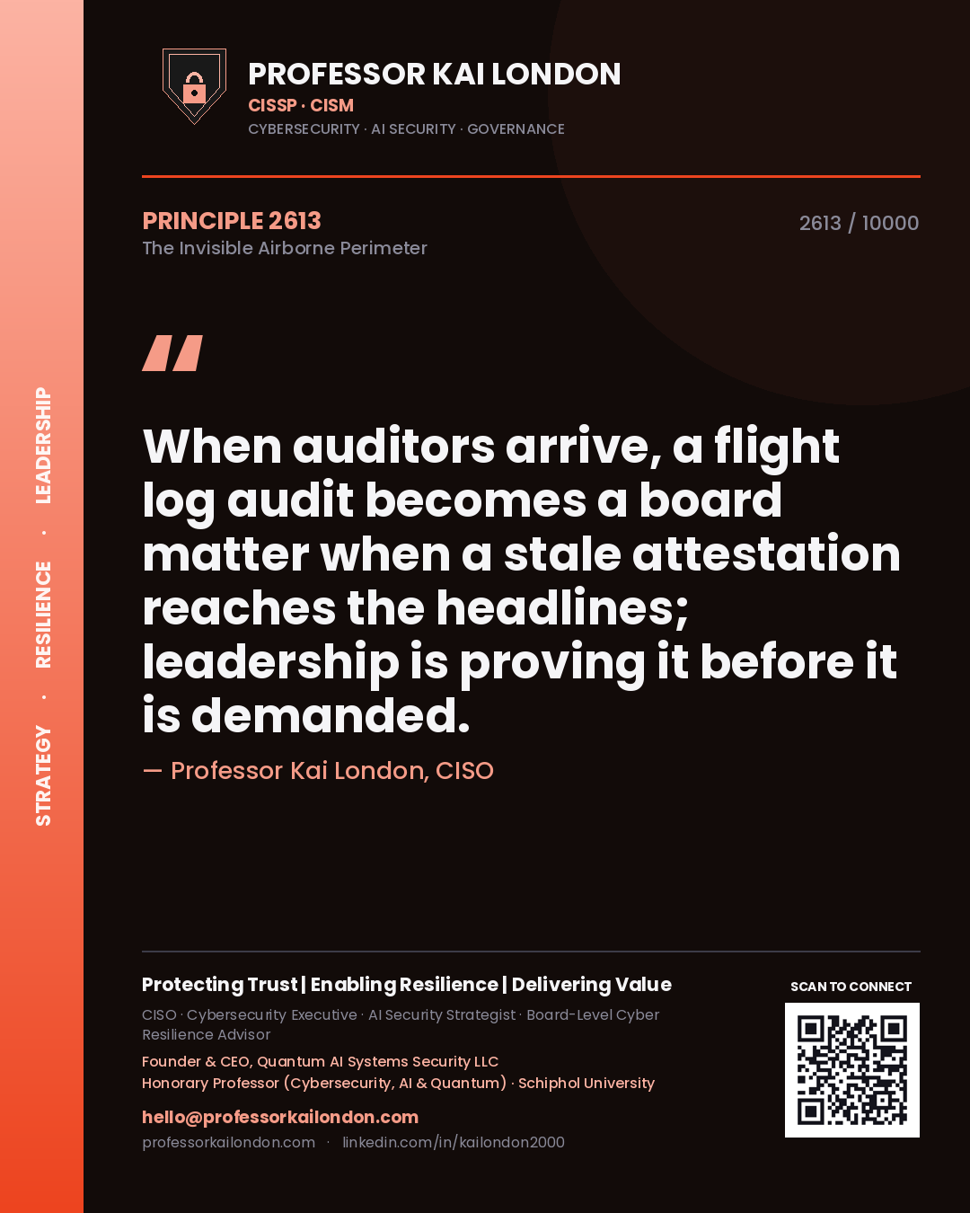 Quote card by Professor Kai London reading 'When auditors arrive, a flight log audit becomes a board matter when a stale attestation reaches the headlines; leadership is proving it before it is demanded.'. From the book The Invisible Airborne Perimeter.