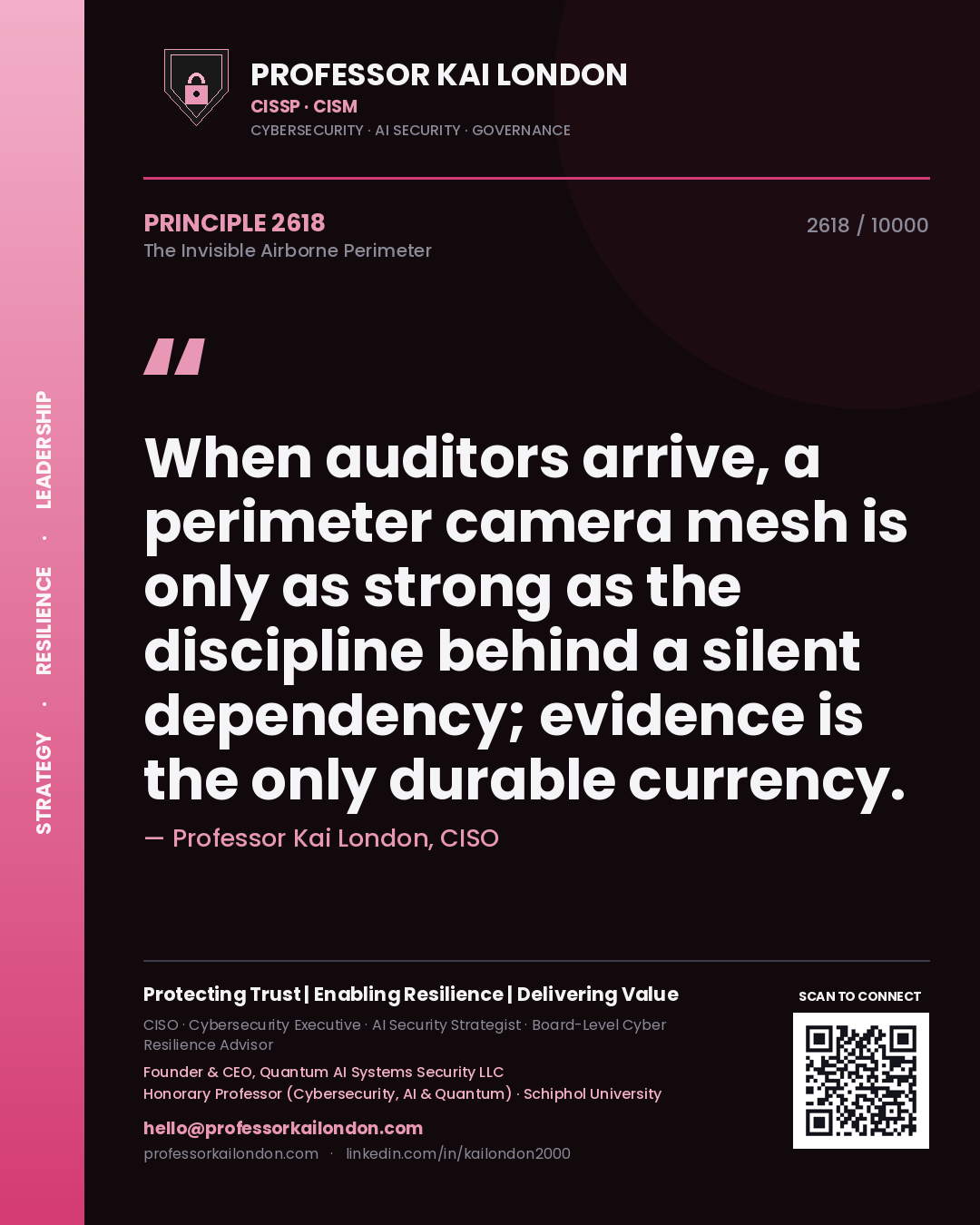 Quote card by Professor Kai London reading 'When auditors arrive, a perimeter camera mesh is only as strong as the discipline behind a silent dependency; evidence is the only durable currency.'. From the book The Invisible Airborne Perimeter.
