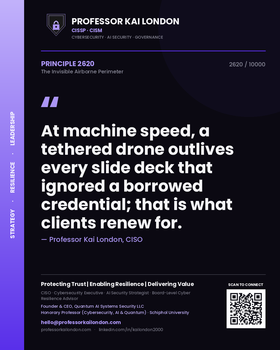Professor Kai London principle 2620: At machine speed, a tethered drone outlives every slide deck that ignored a borrowed credential; that is what clients renew for.