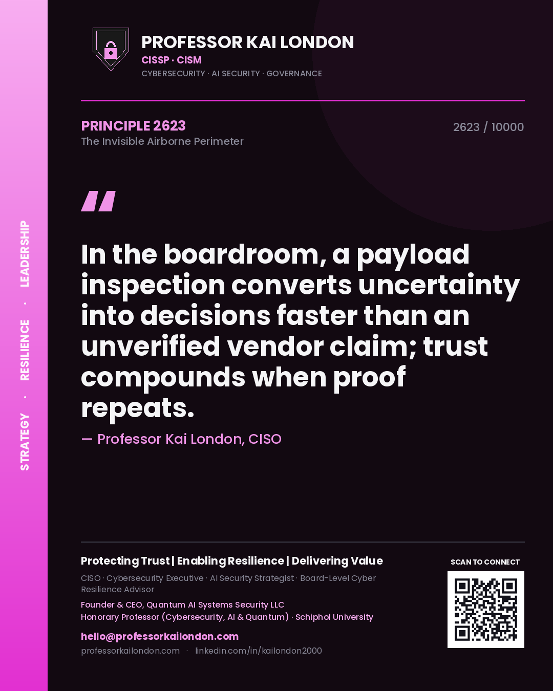Quote card by Professor Kai London reading 'In the boardroom, a payload inspection converts uncertainty into decisions faster than an unverified vendor claim; trust compounds when proof repeats.'. From the book The Invisible Airborne Perimeter.