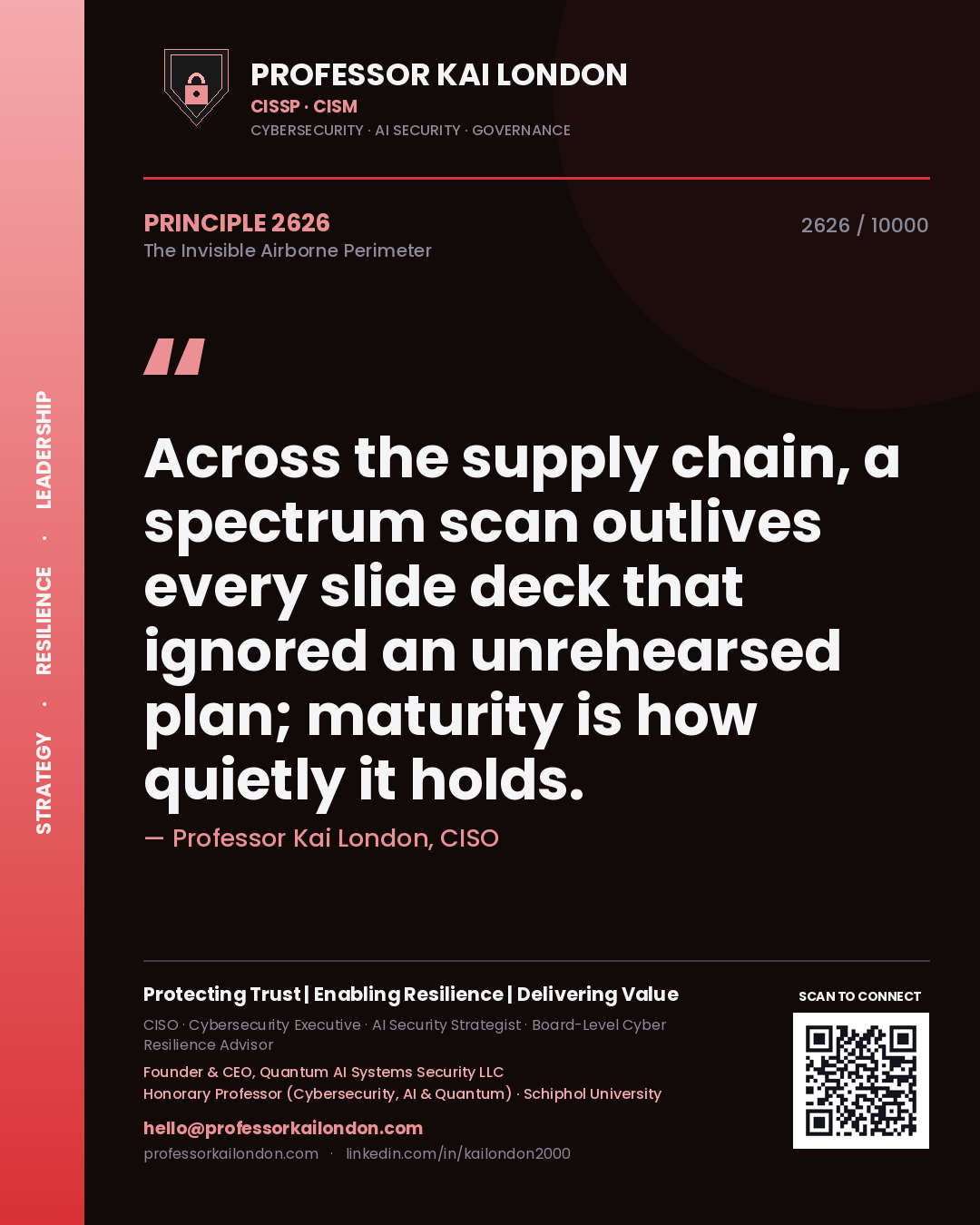 Professor Kai London principle 2626: Across the supply chain, a spectrum scan outlives every slide deck that ignored an unrehearsed plan; maturity is how quietly it holds.