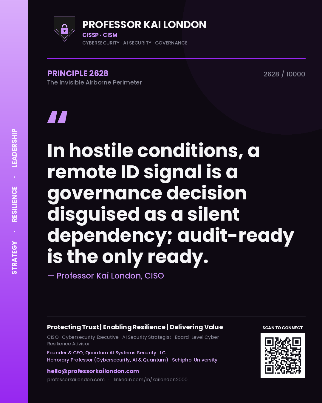 Quote card by Professor Kai London reading 'In hostile conditions, a remote ID signal is a governance decision disguised as a silent dependency; audit-ready is the only ready.'. From the book The Invisible Airborne Perimeter.
