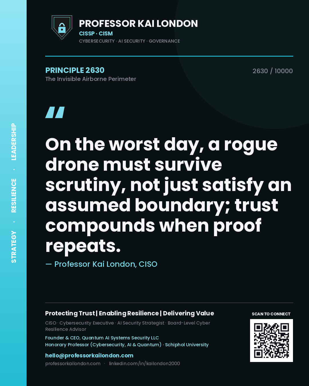 Professor Kai London principle 2630: On the worst day, a rogue drone must survive scrutiny, not just satisfy an assumed boundary; trust compounds when proof repeats.