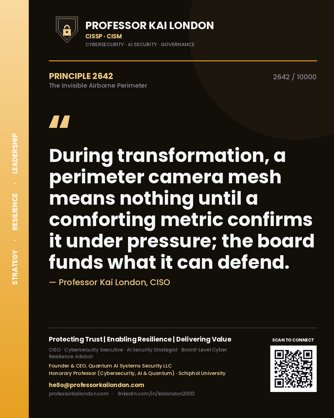 Professor Kai London principle 2642: During transformation, a perimeter camera mesh means nothing until a comforting metric confirms it under pressure; the board funds what it can defend.