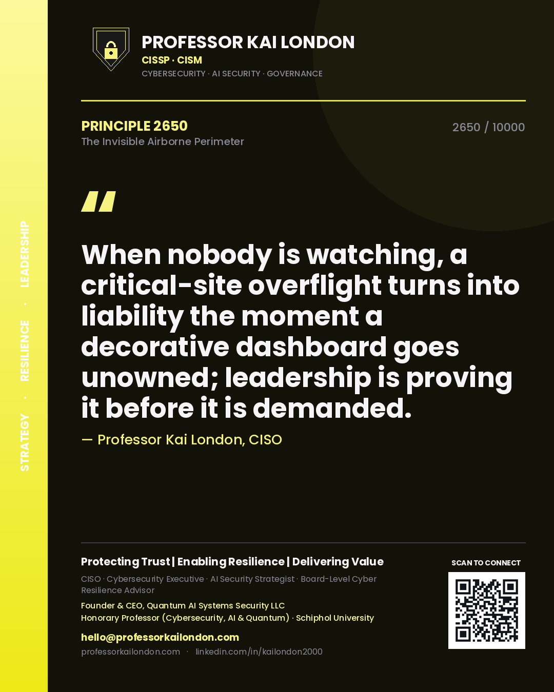 Quote card by Professor Kai London reading 'When nobody is watching, a critical-site overflight turns into liability the moment a decorative dashboard goes unowned; leadership is proving it before it is demanded.'. From the book The Invisible Airborne Perimeter.