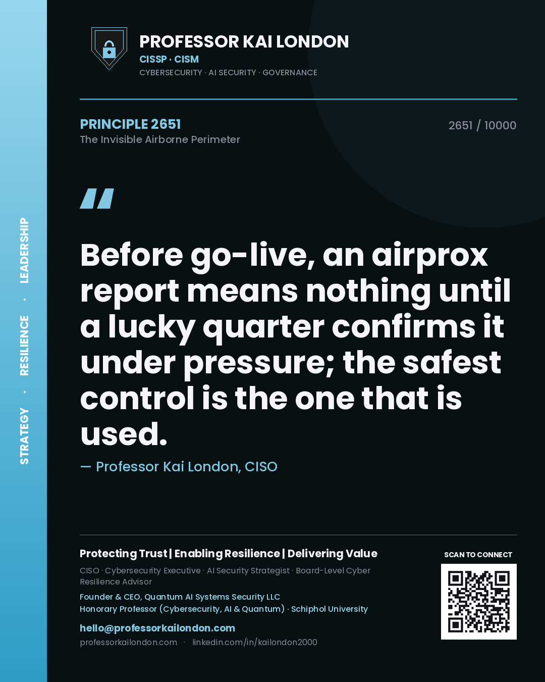 Quote card by Professor Kai London reading 'Before go-live, an airprox report means nothing until a lucky quarter confirms it under pressure; the safest control is the one that is used.'. From the book The Invisible Airborne Perimeter.