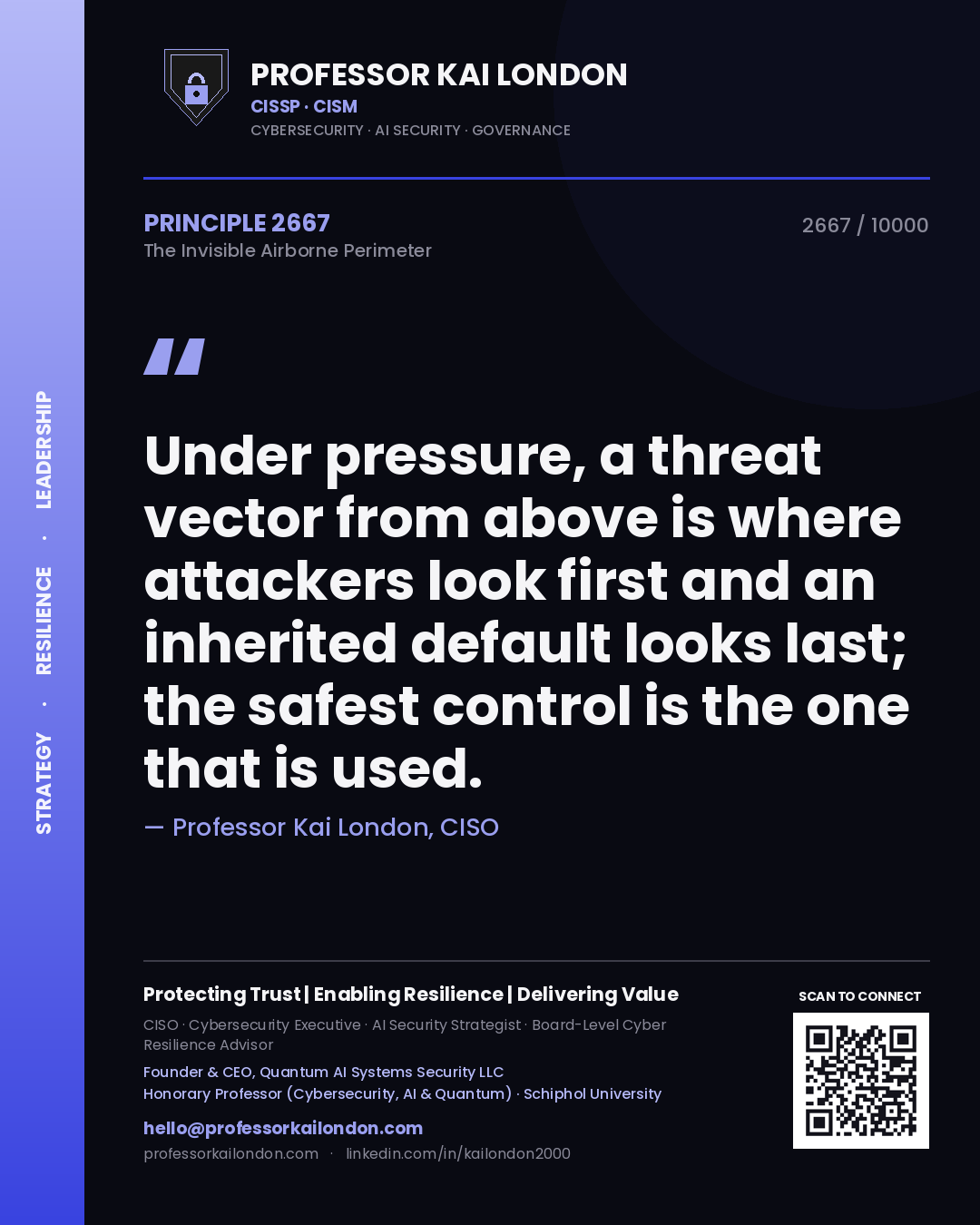 Quote card by Professor Kai London reading 'Under pressure, a threat vector from above is where attackers look first and an inherited default looks last; the safest control is the one that is used.'. From the book The Invisible Airborne Perimeter.