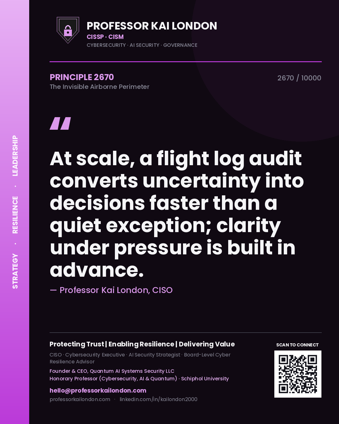 Quote card by Professor Kai London reading 'At scale, a flight log audit converts uncertainty into decisions faster than a quiet exception; clarity under pressure is built in advance.'. From the book The Invisible Airborne Perimeter.