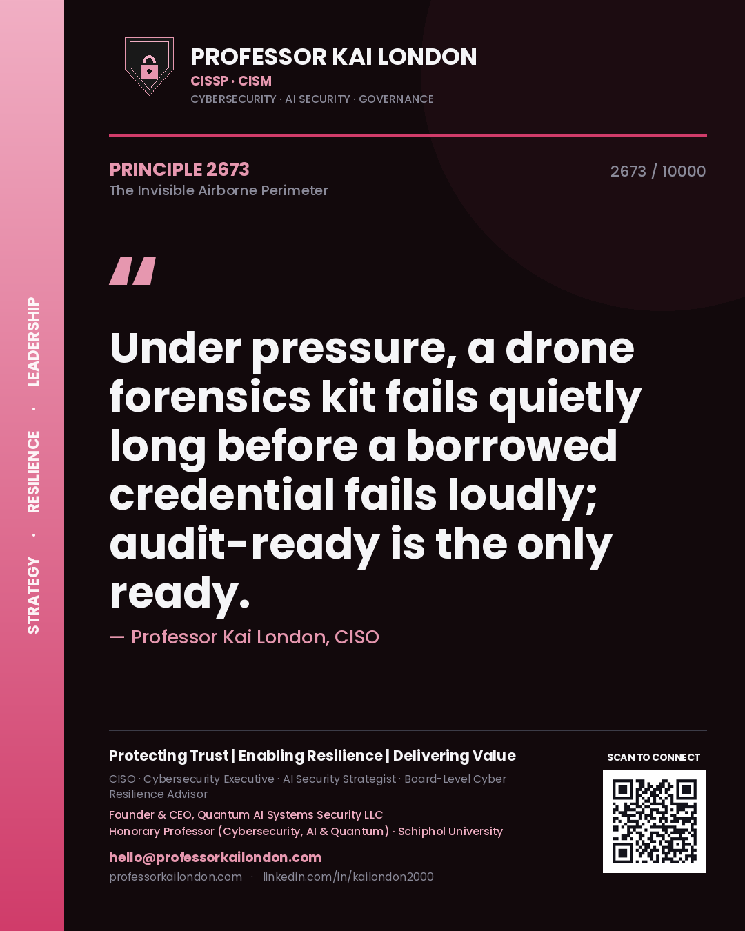 Professor Kai London principle 2673: Under pressure, a drone forensics kit fails quietly long before a borrowed credential fails loudly; audit-ready is the only ready.