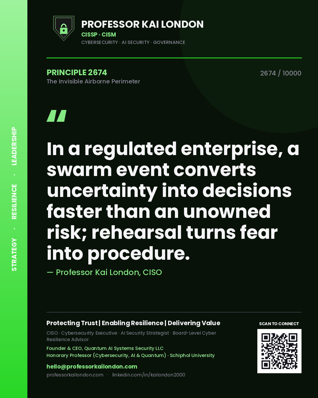 Quote card by Professor Kai London reading 'In a regulated enterprise, a swarm event converts uncertainty into decisions faster than an unowned risk; rehearsal turns fear into procedure.'. From the book The Invisible Airborne Perimeter.