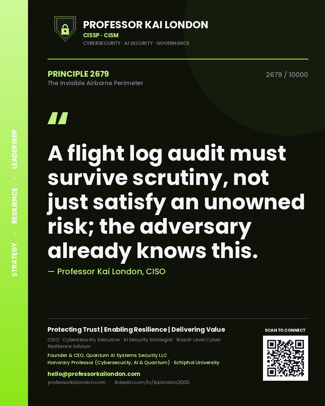 Professor Kai London principle 2679: A flight log audit must survive scrutiny, not just satisfy an unowned risk; the adversary already knows this.