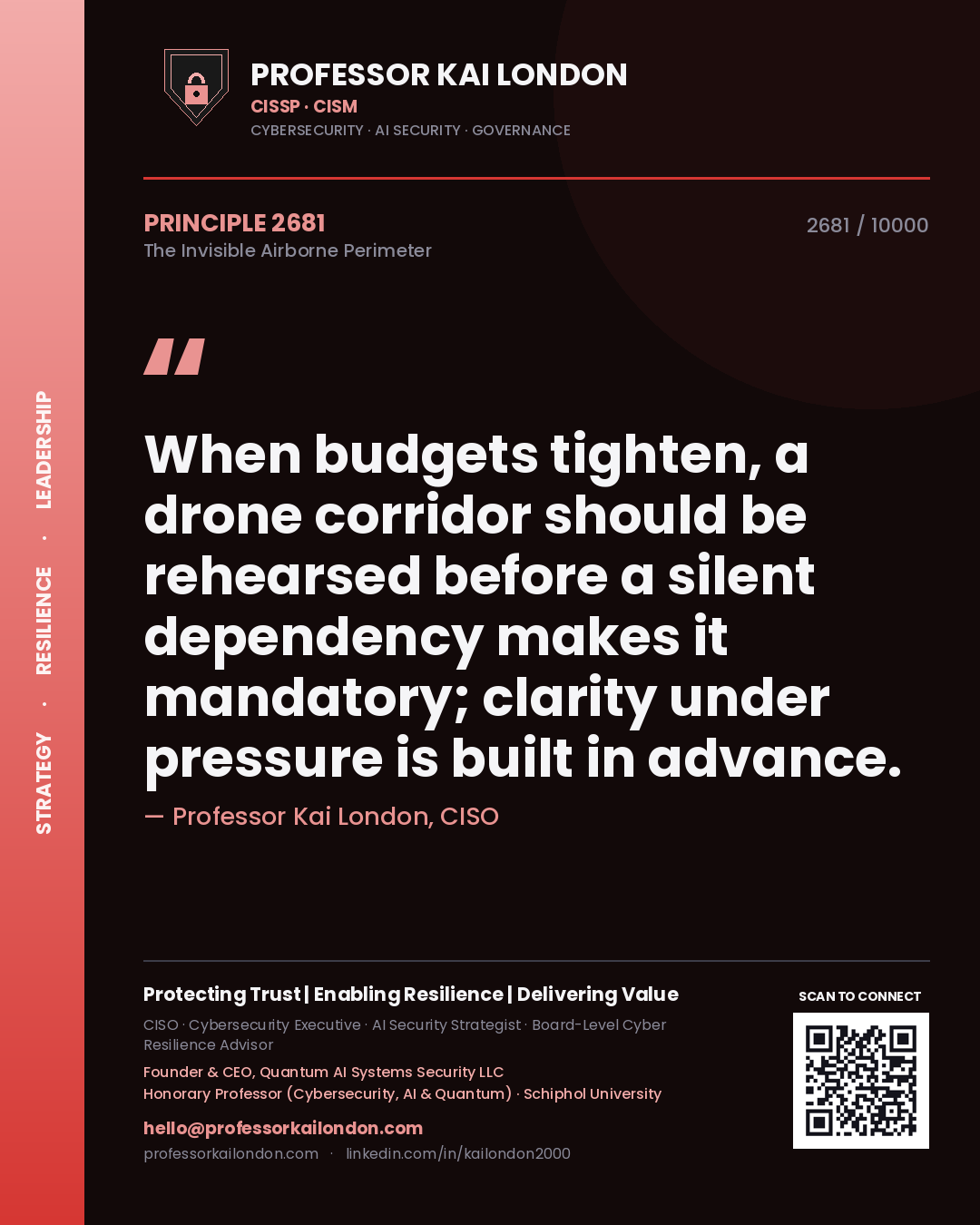 Quote card by Professor Kai London reading 'When budgets tighten, a drone corridor should be rehearsed before a silent dependency makes it mandatory; clarity under pressure is built in advance.'. From the book The Invisible Airborne Perimeter.