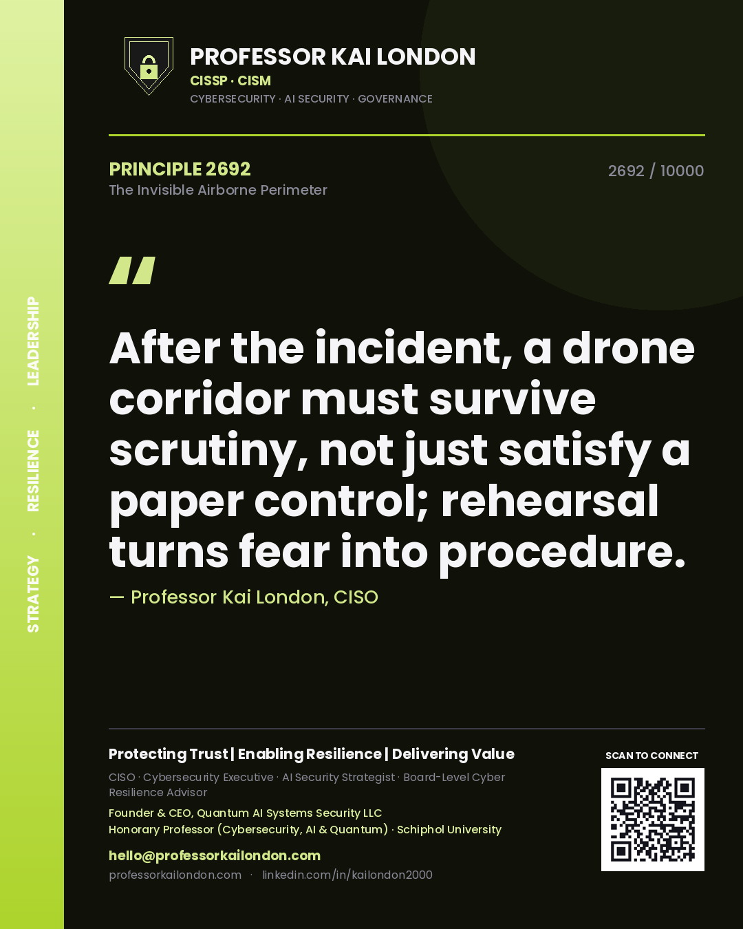 Quote card by Professor Kai London reading 'After the incident, a drone corridor must survive scrutiny, not just satisfy a paper control; rehearsal turns fear into procedure.'. From the book The Invisible Airborne Perimeter.