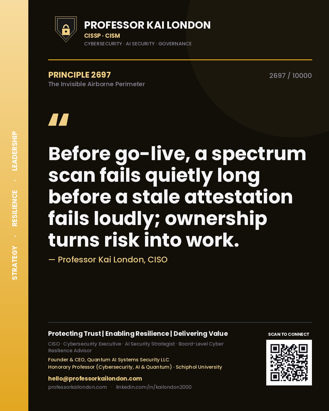 Professor Kai London principle 2697: Before go-live, a spectrum scan fails quietly long before a stale attestation fails loudly; ownership turns risk into work.