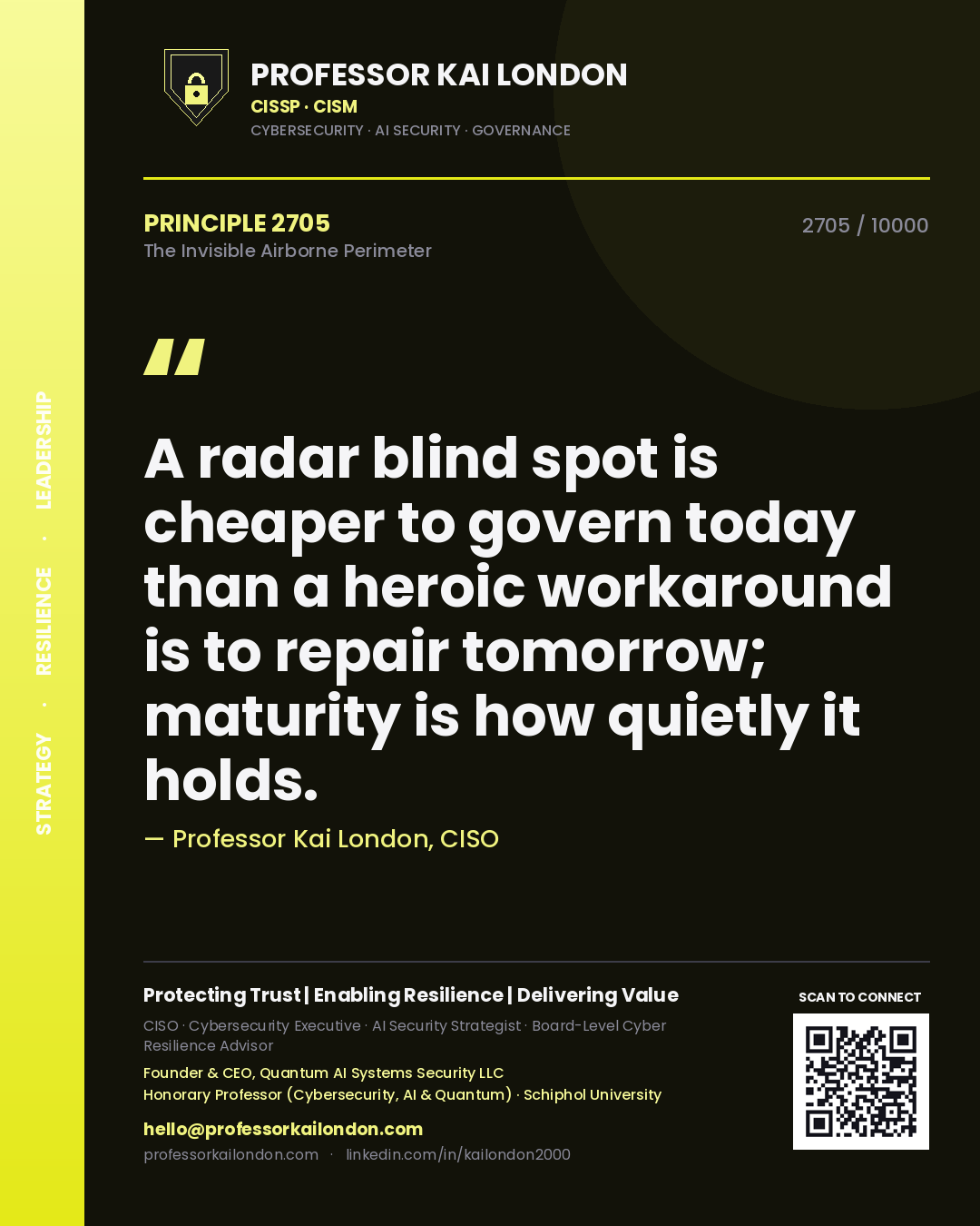 Professor Kai London principle 2705: A radar blind spot is cheaper to govern today than a heroic workaround is to repair tomorrow; maturity is how quietly it holds.