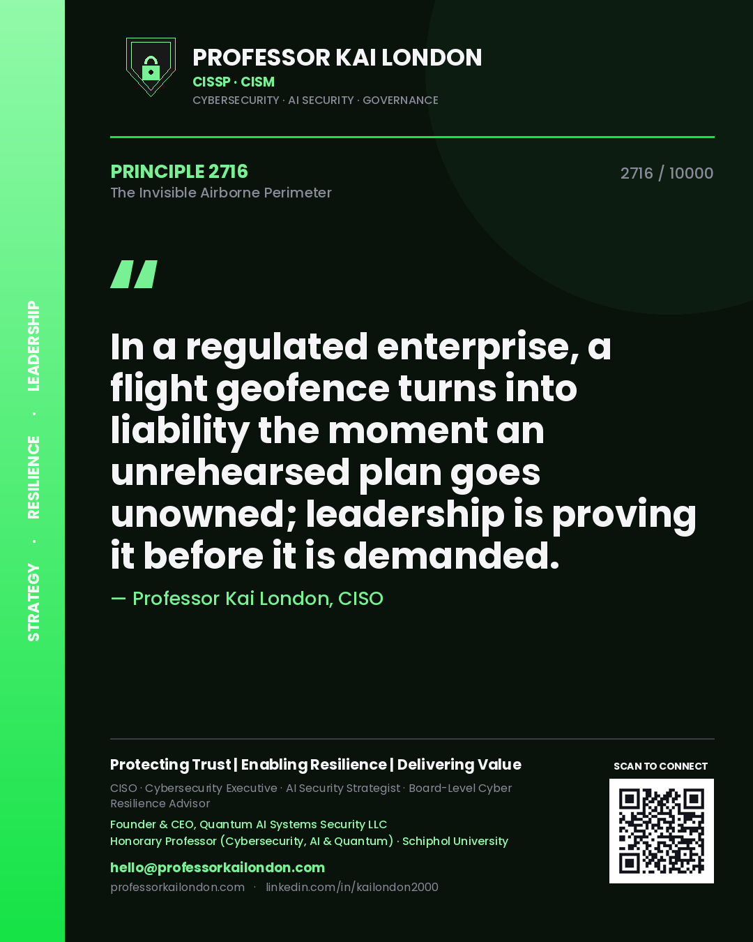 Professor Kai London principle 2716: In a regulated enterprise, a flight geofence turns into liability the moment an unrehearsed plan goes unowned; leadership is proving it before it is demanded.