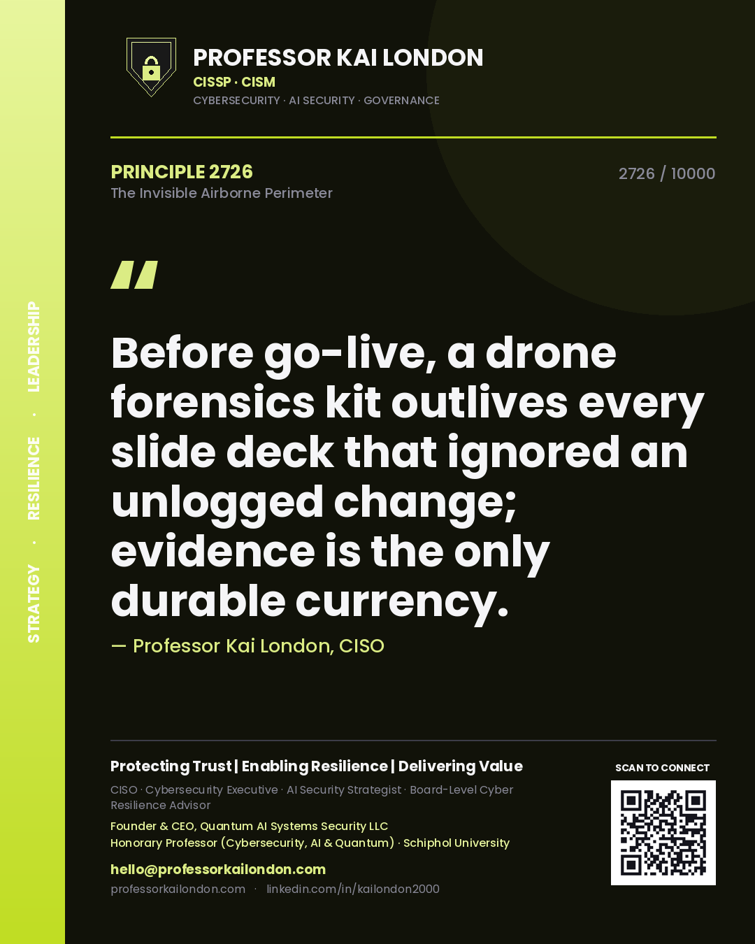 Quote card by Professor Kai London reading 'Before go-live, a drone forensics kit outlives every slide deck that ignored an unlogged change; evidence is the only durable currency.'. From the book The Invisible Airborne Perimeter.