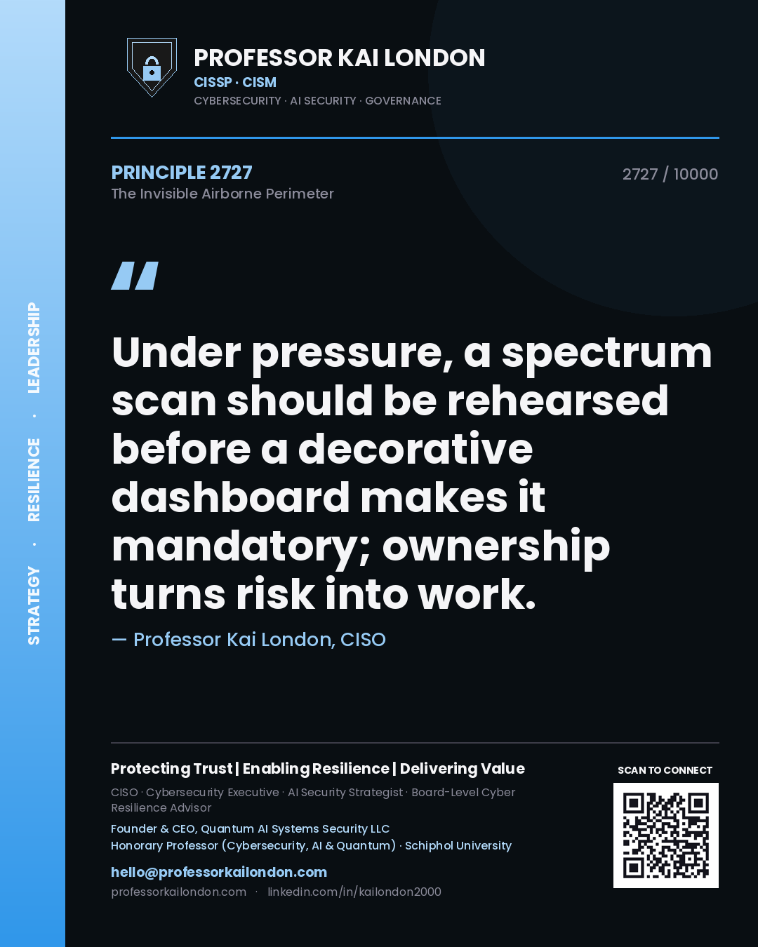 Quote card by Professor Kai London reading 'Under pressure, a spectrum scan should be rehearsed before a decorative dashboard makes it mandatory; ownership turns risk into work.'. From the book The Invisible Airborne Perimeter.