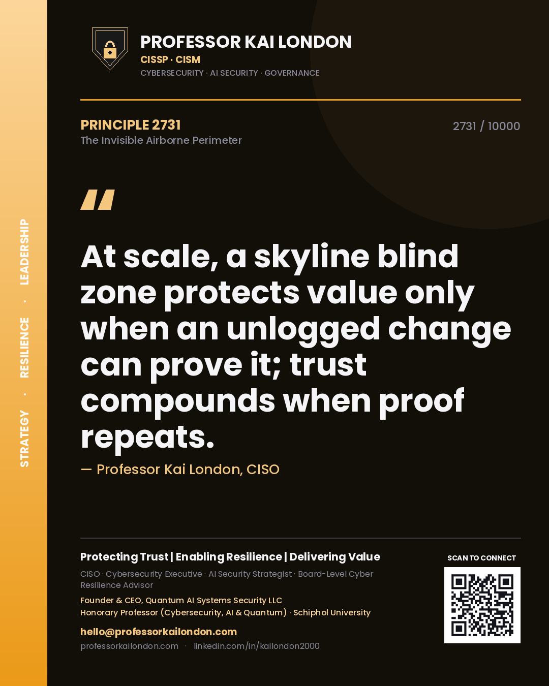 Quote card by Professor Kai London reading 'At scale, a skyline blind zone protects value only when an unlogged change can prove it; trust compounds when proof repeats.'. From the book The Invisible Airborne Perimeter.