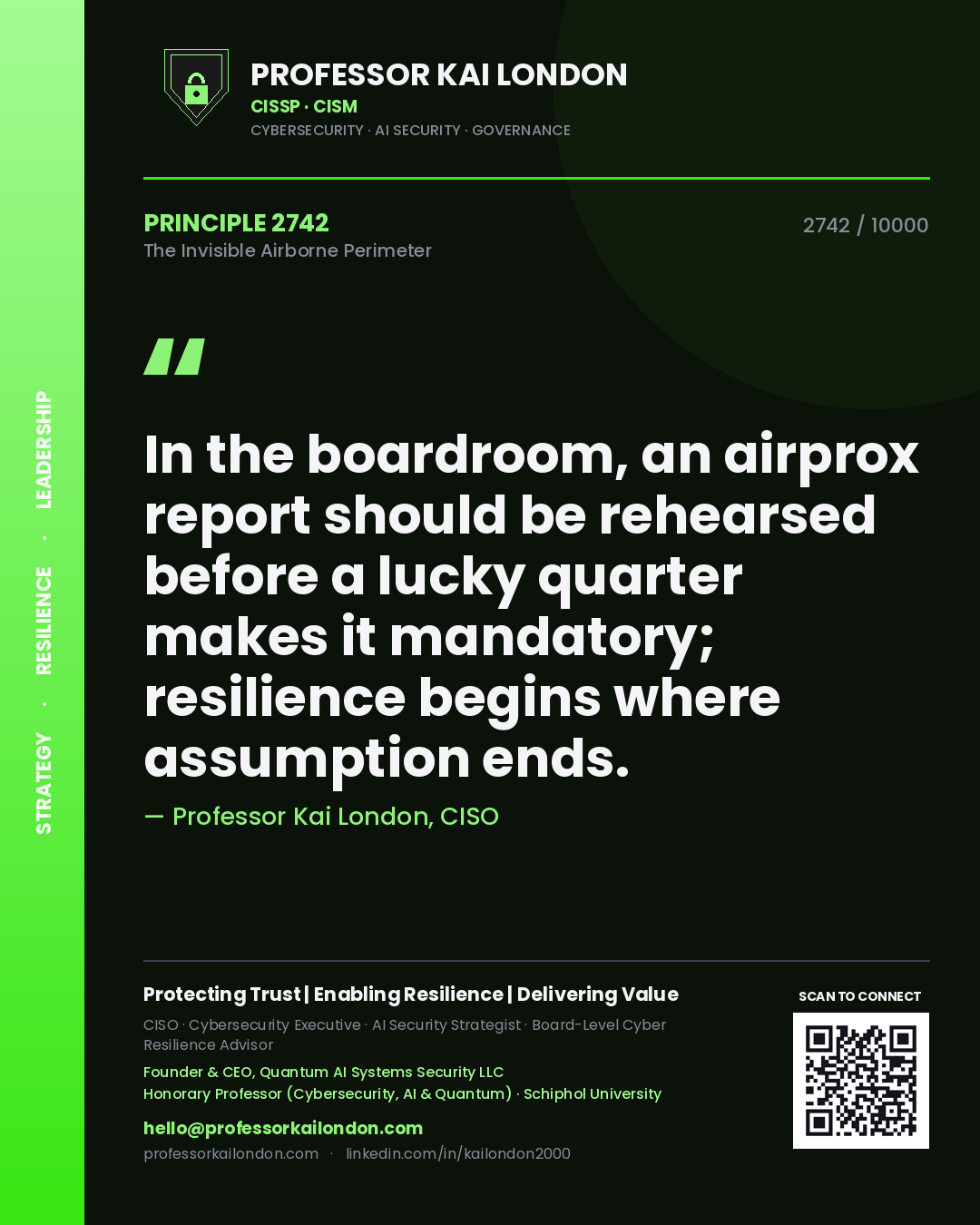 Quote card by Professor Kai London reading 'In the boardroom, an airprox report should be rehearsed before a lucky quarter makes it mandatory; resilience begins where assumption ends.'. From the book The Invisible Airborne Perimeter.