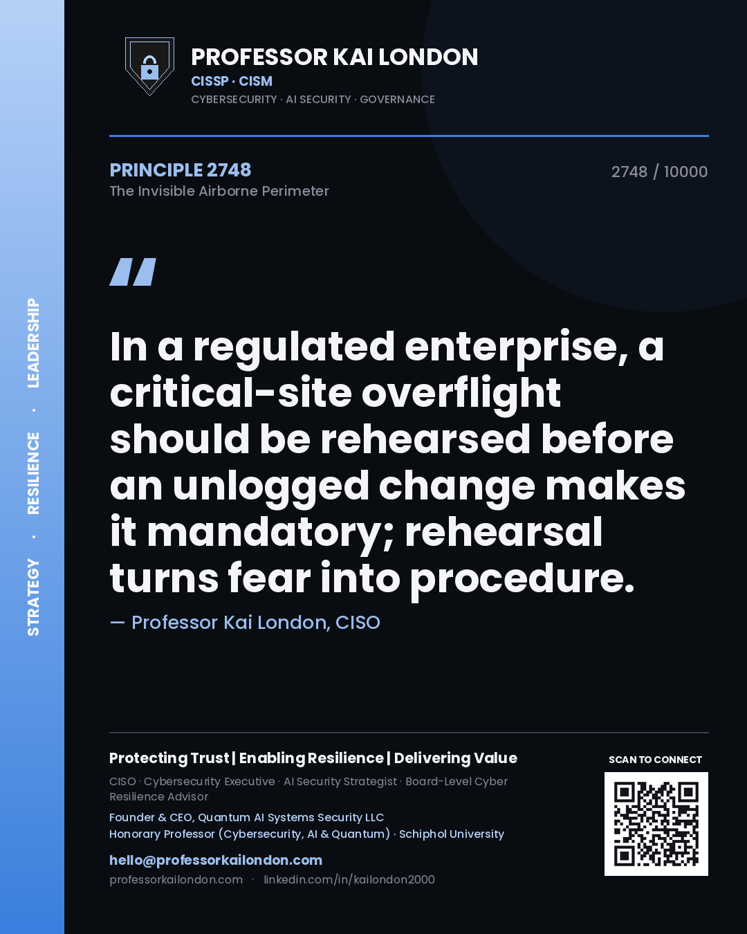 Professor Kai London principle 2748: In a regulated enterprise, a critical-site overflight should be rehearsed before an unlogged change makes it mandatory; rehearsal turns fear into procedure.