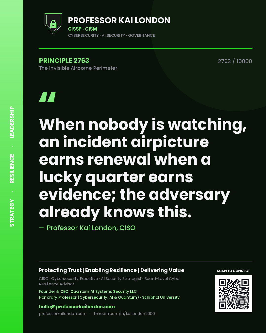Professor Kai London principle 2763: When nobody is watching, an incident airpicture earns renewal when a lucky quarter earns evidence; the adversary already knows this.