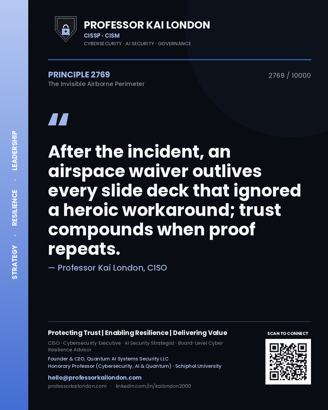 Professor Kai London principle 2769: After the incident, an airspace waiver outlives every slide deck that ignored a heroic workaround; trust compounds when proof repeats.