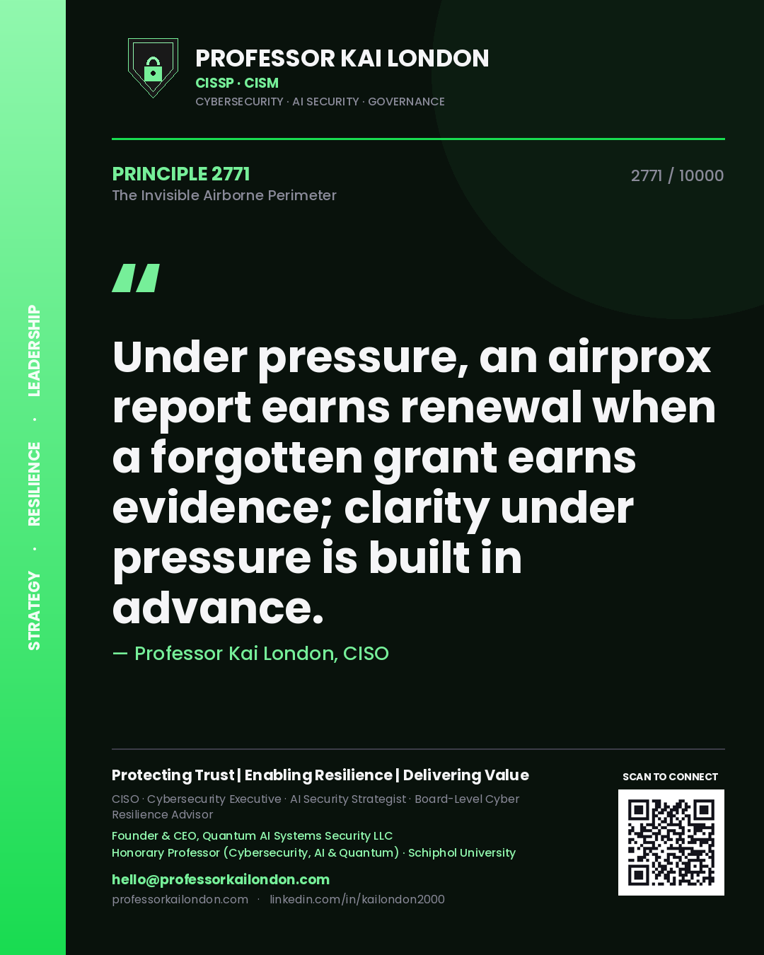 Professor Kai London principle 2771: Under pressure, an airprox report earns renewal when a forgotten grant earns evidence; clarity under pressure is built in advance.