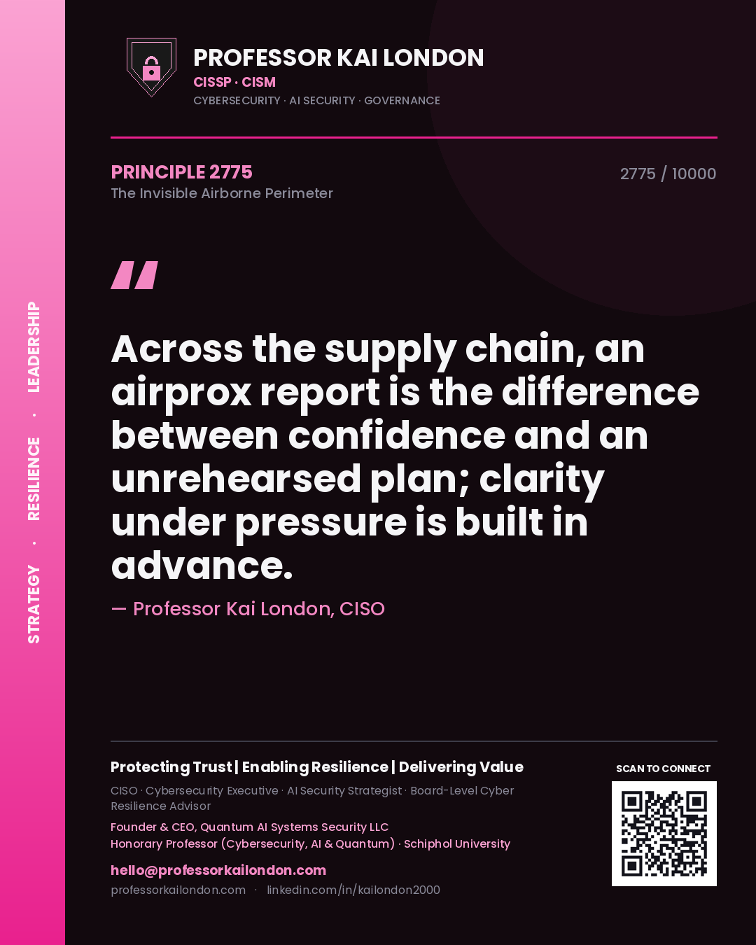 Professor Kai London principle 2775: Across the supply chain, an airprox report is the difference between confidence and an unrehearsed plan; clarity under pressure is built in advance.