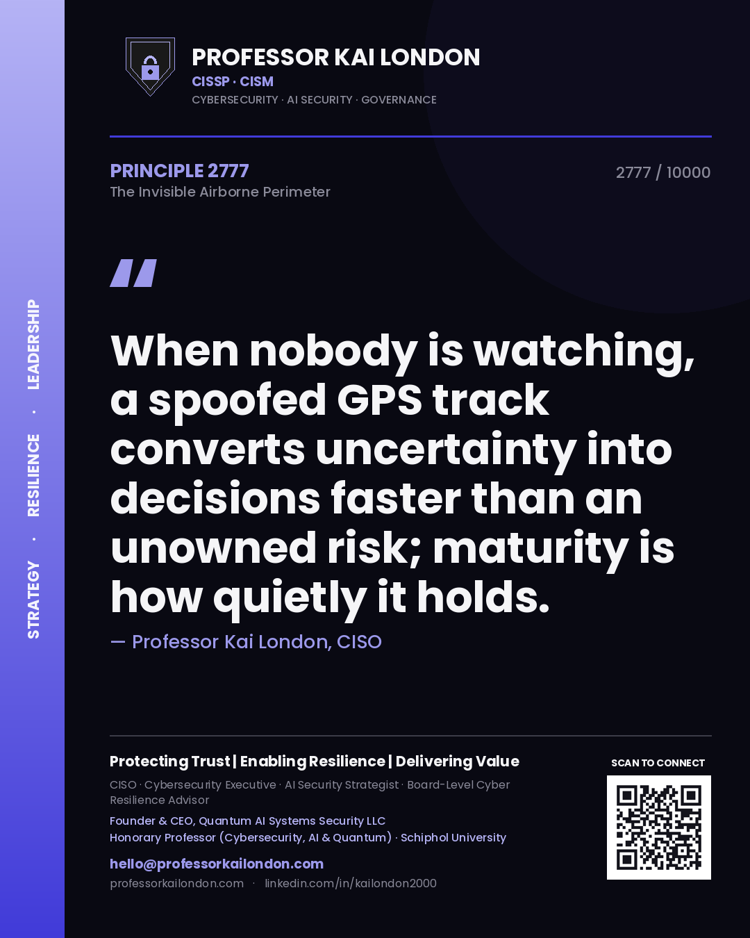 Professor Kai London principle 2777: When nobody is watching, a spoofed GPS track converts uncertainty into decisions faster than an unowned risk; maturity is how quietly it holds.