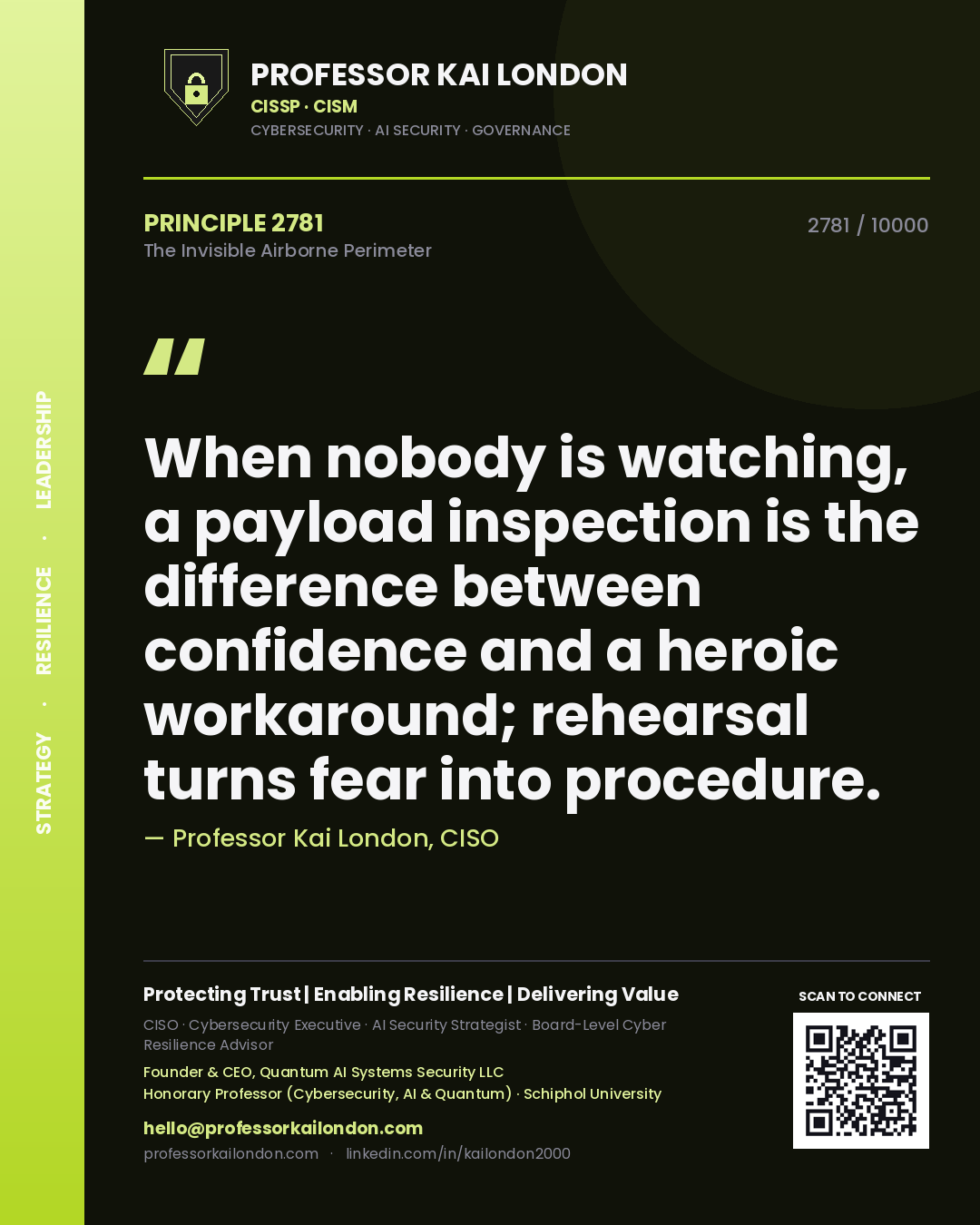 Professor Kai London principle 2781: When nobody is watching, a payload inspection is the difference between confidence and a heroic workaround; rehearsal turns fear into procedure.