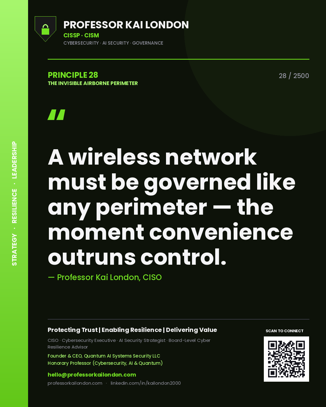 Quote card by Professor Kai London reading 'A wireless network must be governed like any perimeter — the moment convenience outruns control.'. From the book The Invisible Airborne Perimeter.