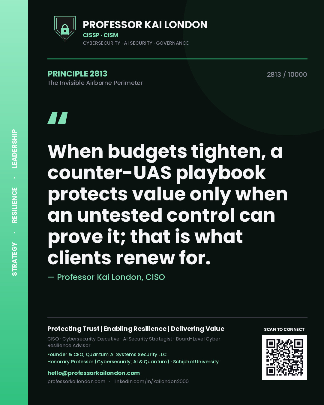 Quote card by Professor Kai London reading 'When budgets tighten, a counter-UAS playbook protects value only when an untested control can prove it; that is what clients renew for.'. From the book The Invisible Airborne Perimeter.