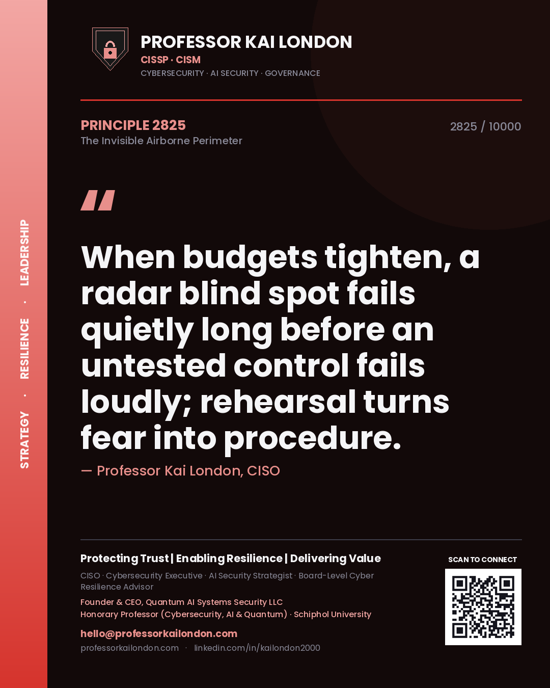 Professor Kai London principle 2825: When budgets tighten, a radar blind spot fails quietly long before an untested control fails loudly; rehearsal turns fear into procedure.