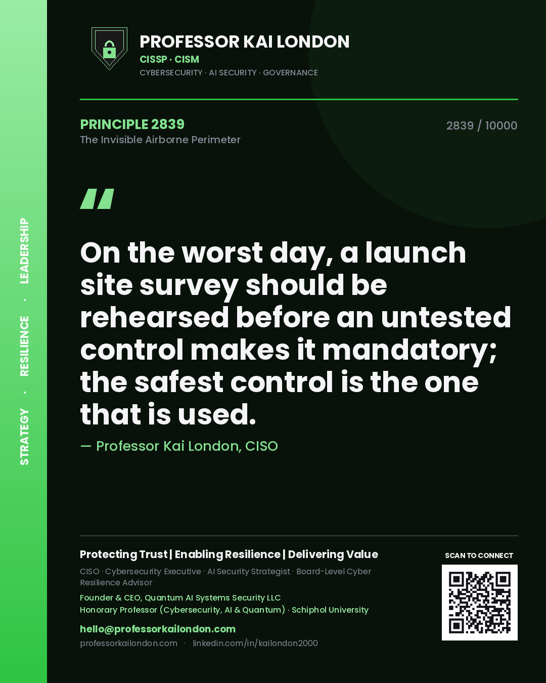 Quote card by Professor Kai London reading 'On the worst day, a launch site survey should be rehearsed before an untested control makes it mandatory; the safest control is the one that is used.'. From the book The Invisible Airborne Perimeter.