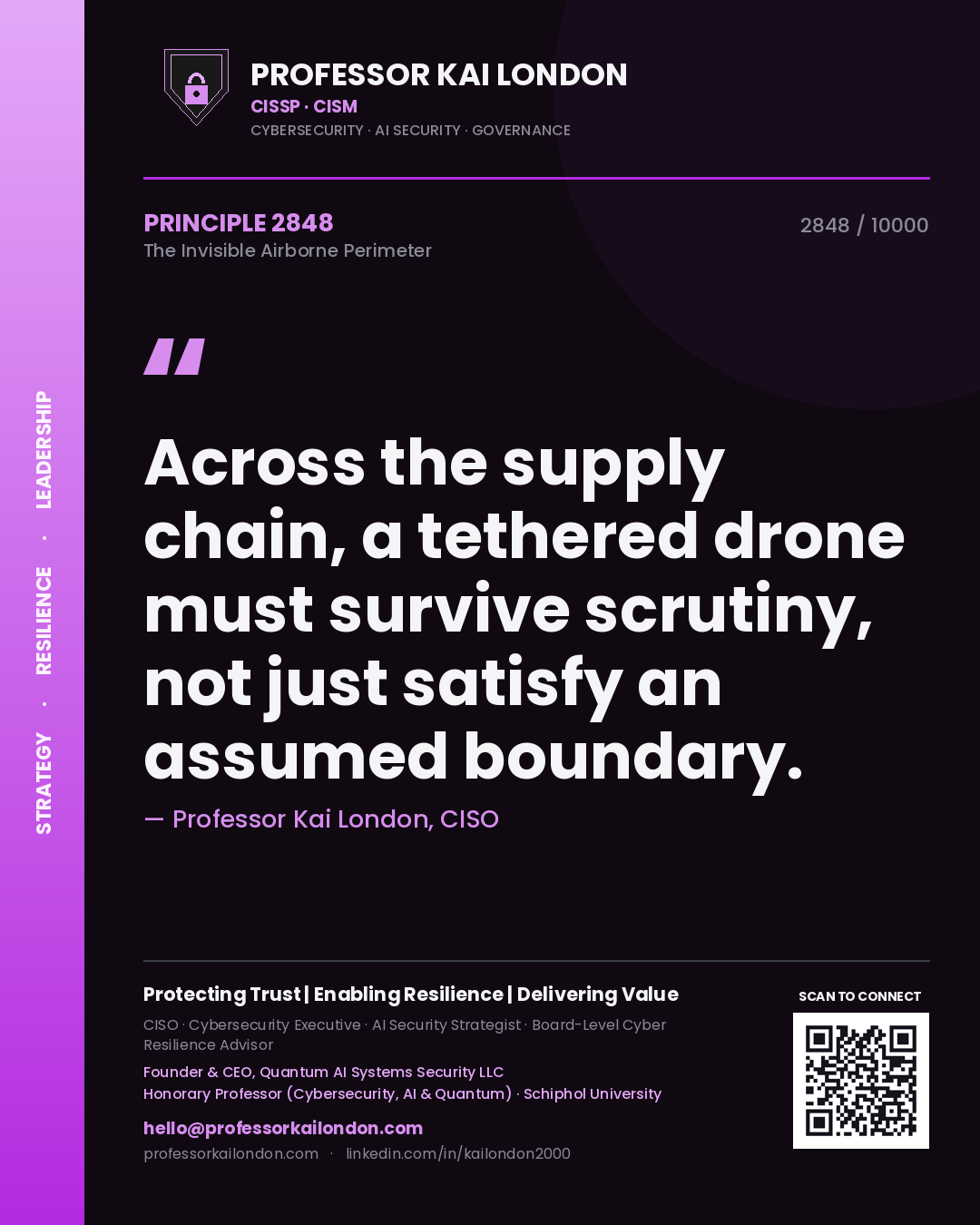 Quote card by Professor Kai London reading 'Across the supply chain, a tethered drone must survive scrutiny, not just satisfy an assumed boundary.'. From the book The Invisible Airborne Perimeter.