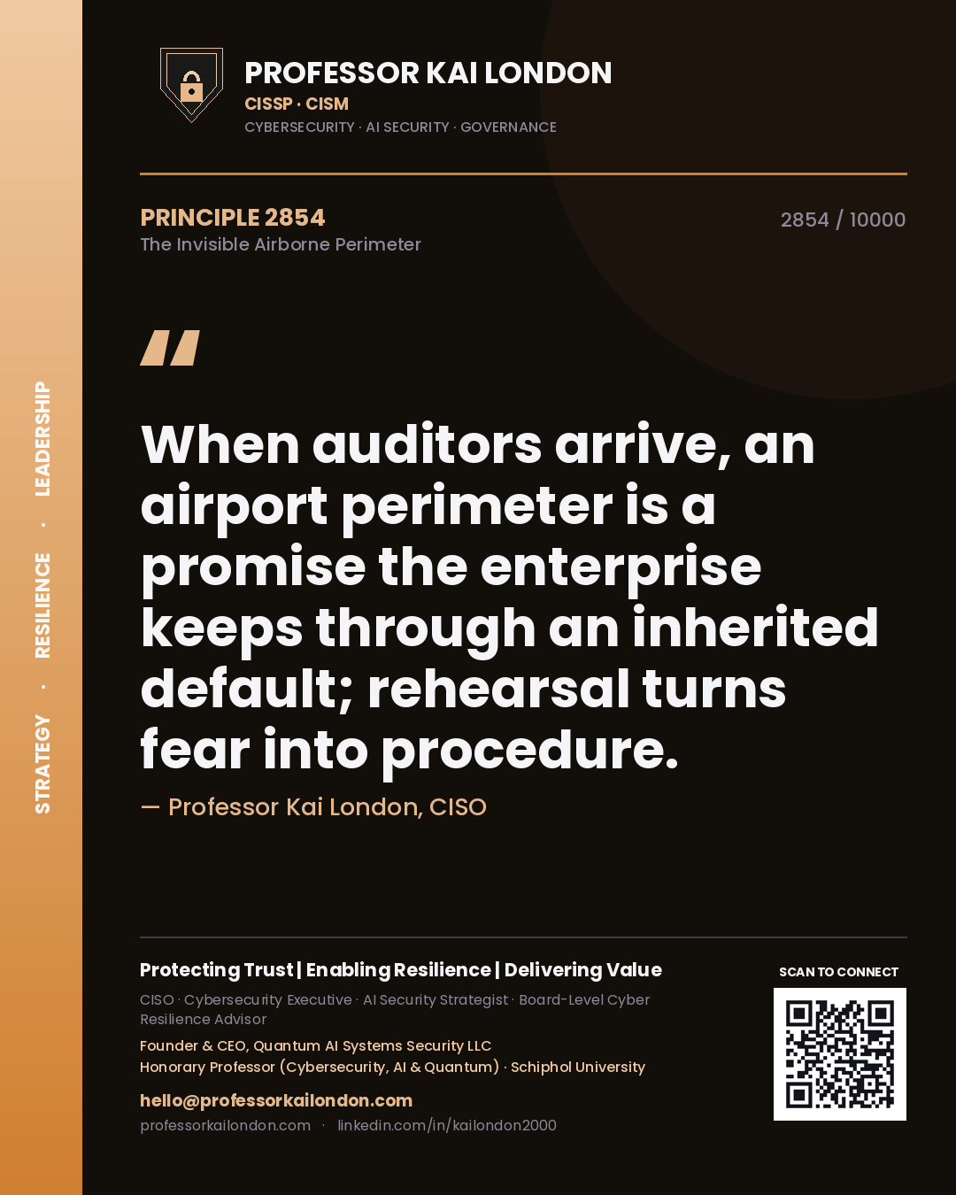 Quote card by Professor Kai London reading 'When auditors arrive, an airport perimeter is a promise the enterprise keeps through an inherited default; rehearsal turns fear into procedure.'. From the book The Invisible Airborne Perimeter.