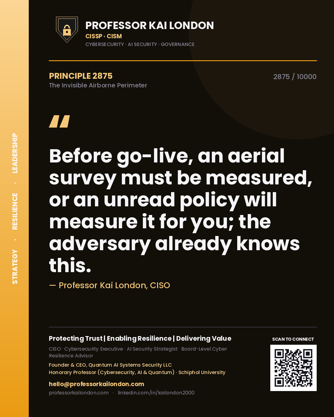 Quote card by Professor Kai London reading 'Before go-live, an aerial survey must be measured, or an unread policy will measure it for you; the adversary already knows this.'. From the book The Invisible Airborne Perimeter.